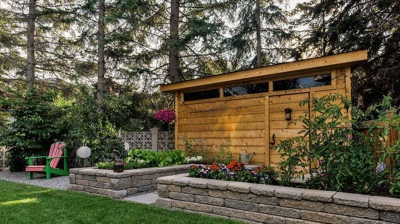 A small wooden shed sits in a backyard garden. Photo