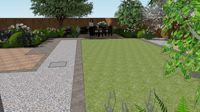 A backyard design with a patio, grass, gravel, and various shrubs and trees. Photo