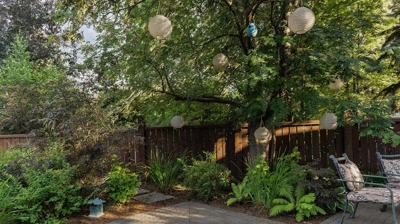 A backyard patio with a tree, paper lanterns, stone pathways, shrubs, and chairs. Photo