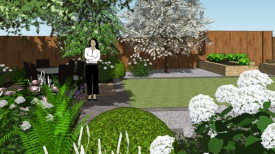 A backyard design with a woman, trees, shrubs, flowers, and a paved patio. Photo