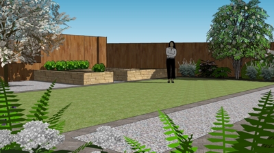 A backyard design with a wooden fence, raised garden beds, a lawn, gravel pathways, and shrubs. Photo