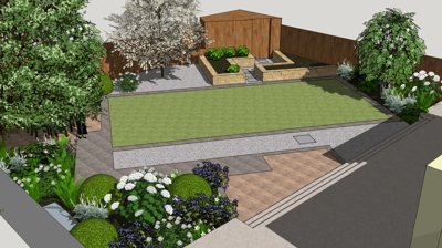A backyard design with a lawn, garden beds, trees, a shed, and stepping stones. Photo