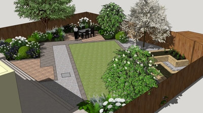 A backyard design with a patio, garden, trees, shrubs, and a lawn. Photo