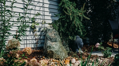 A large, green stone, a Buddha statue, plants, and rocks. A garden setting. Photo