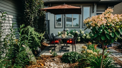 Patio with furniture, plants, and landscaping. Photo